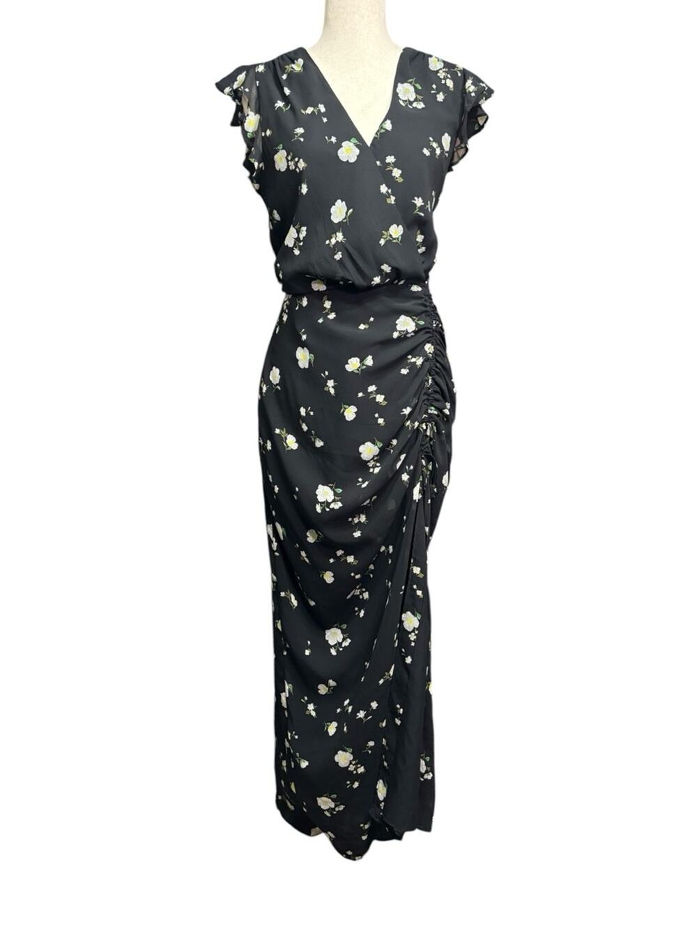 Banana Republic Black Floral Ruched Maxi Dress Romantic Goth Size 10 Tall 1110